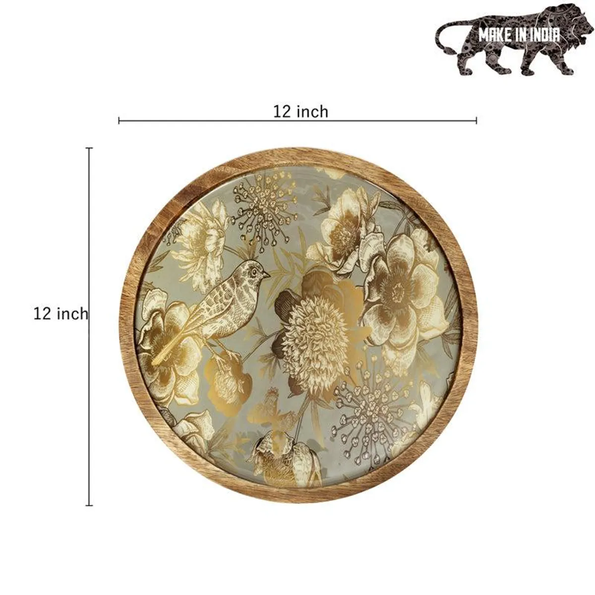 Top view showing the platter's round shape, floral artwork and natural wood-look border.