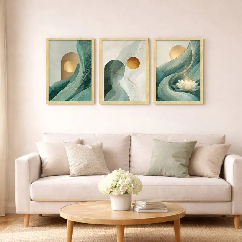 Teal & Terrene Paper Wall Painting With Frame - Set Of Three media 4