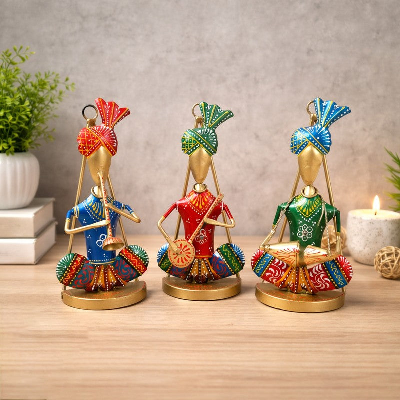 Rajasthani Folk Musician Iron Wall Accents - Set Of Three