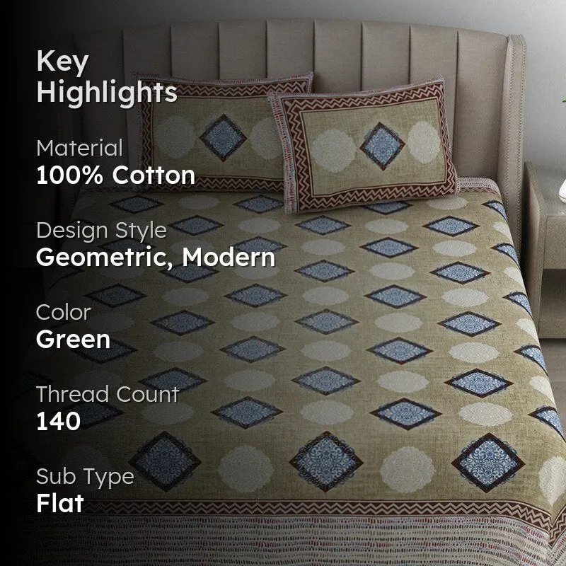 Metro Matrix Geometric Cotton Bedsheet (Green) - 140 TC media 2
