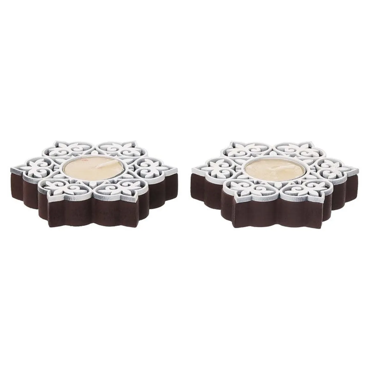 Two brown and white floral tea light holders on a white background