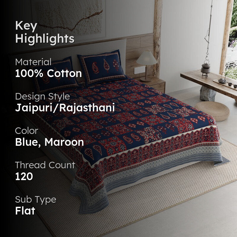 Jaipur Charm Cotton Bedsheet (Blue,Maroon) - 120 TC media 2