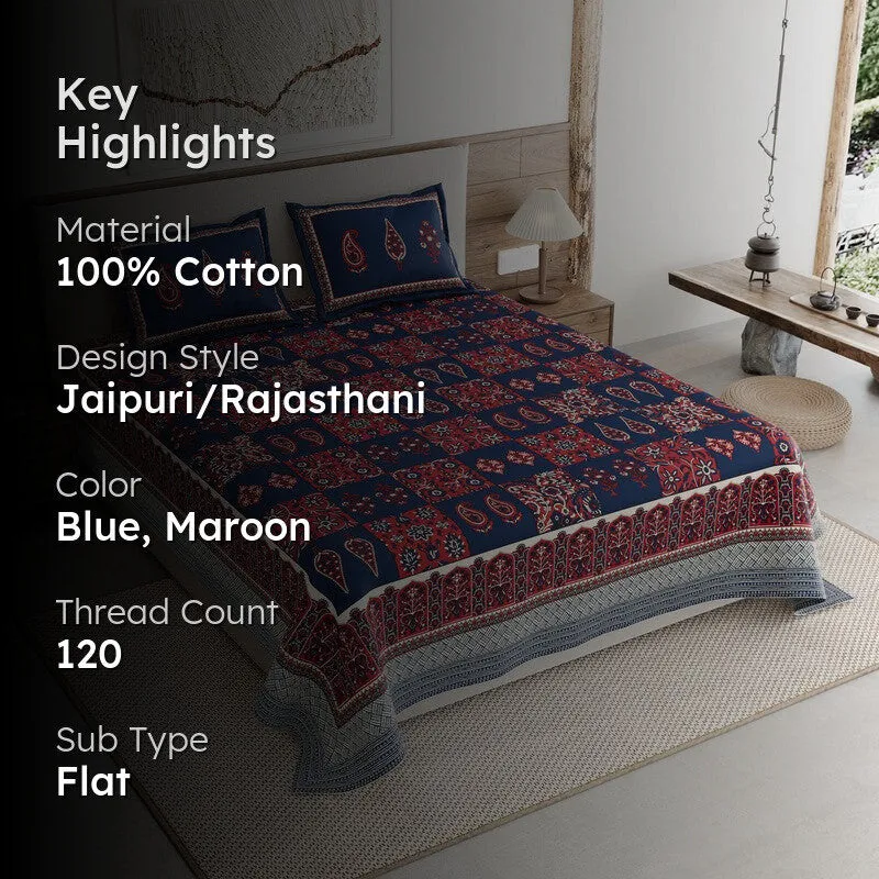 Jaipur Charm Cotton Bedsheet (Blue,Maroon) - 120 TC media 2