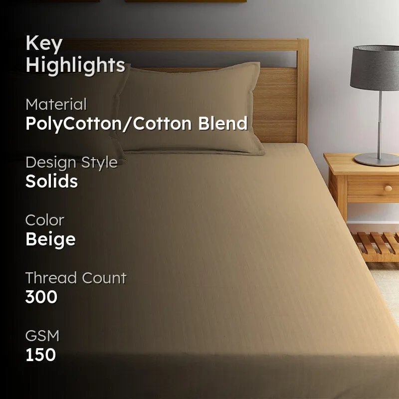 Cream bedsheet on a bed with text overlay showing product highlights