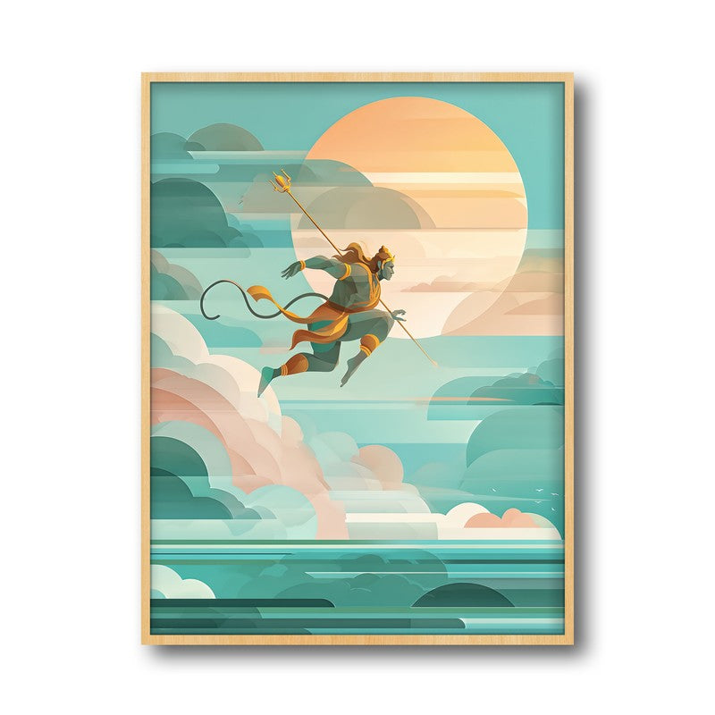 Powerful Hanuman Ji Flying Scene Archival Paper Wall Art - Natural Brown Frame media 5