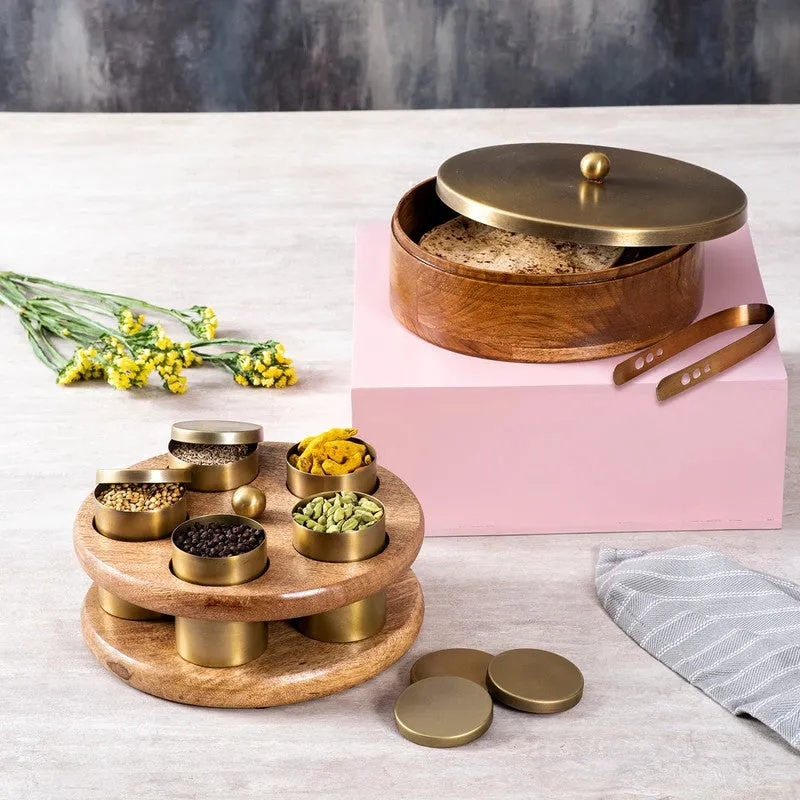 Aromix Teak Wood Round Masala Box - Three Piece Set media 1