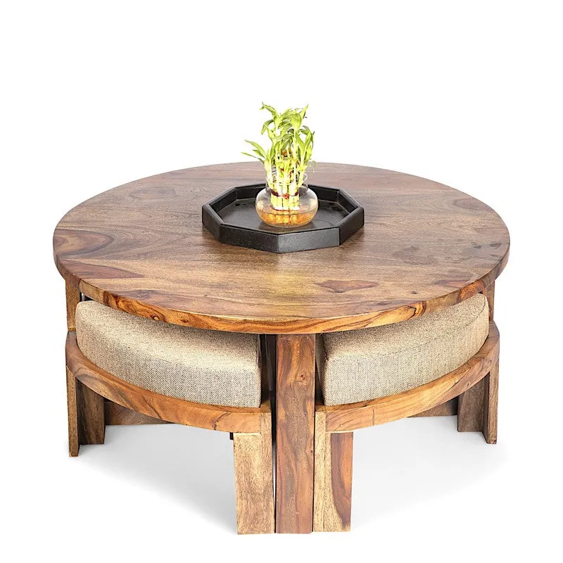 Hervon Sheesham Wooden Center Table with Stools and Cushions (Brown,Beige) - Nine Piece Set media 5