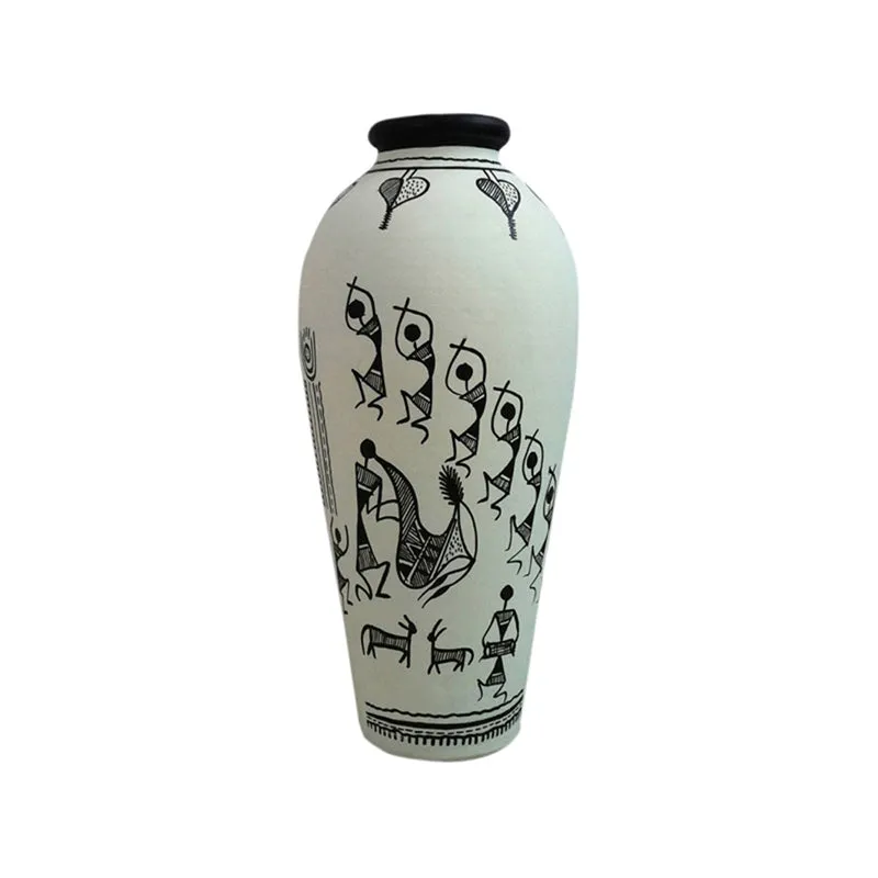 White urn vase with black tribal-style painted figures