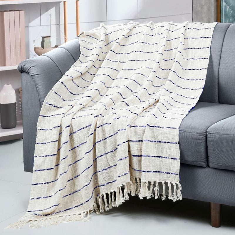 Moss Curl Striped Throw - Off White & Blue