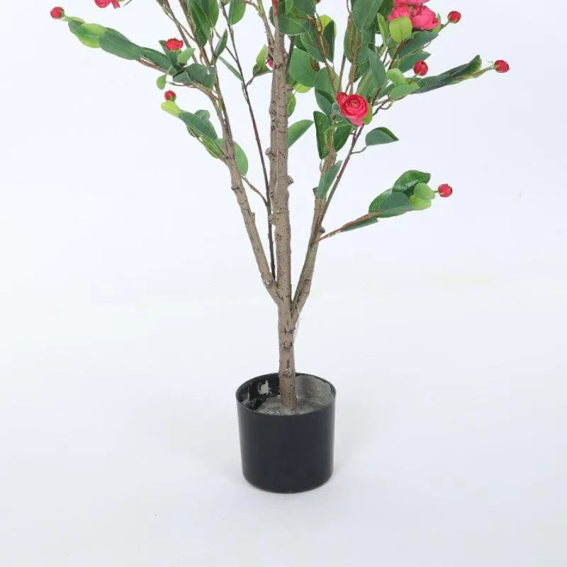 Faux Minio Camelia Rose Plant With Black Plastic Pot (3.94 ft) - Dark Pink media 4