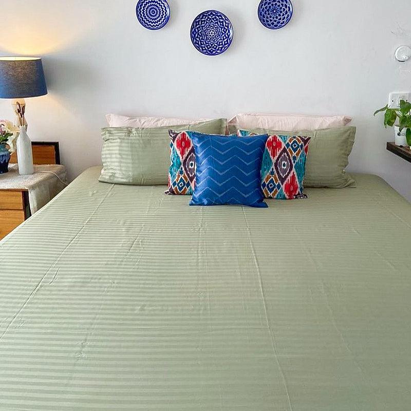 Le Coton Striped Solid Cotton Bedsheet (Olive Green) - 250 TC media 4