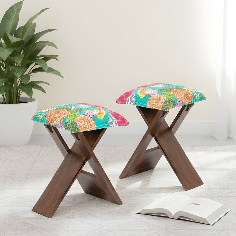Gexon Sheesham Wooden Stools (Multicolor) - Set Of Two