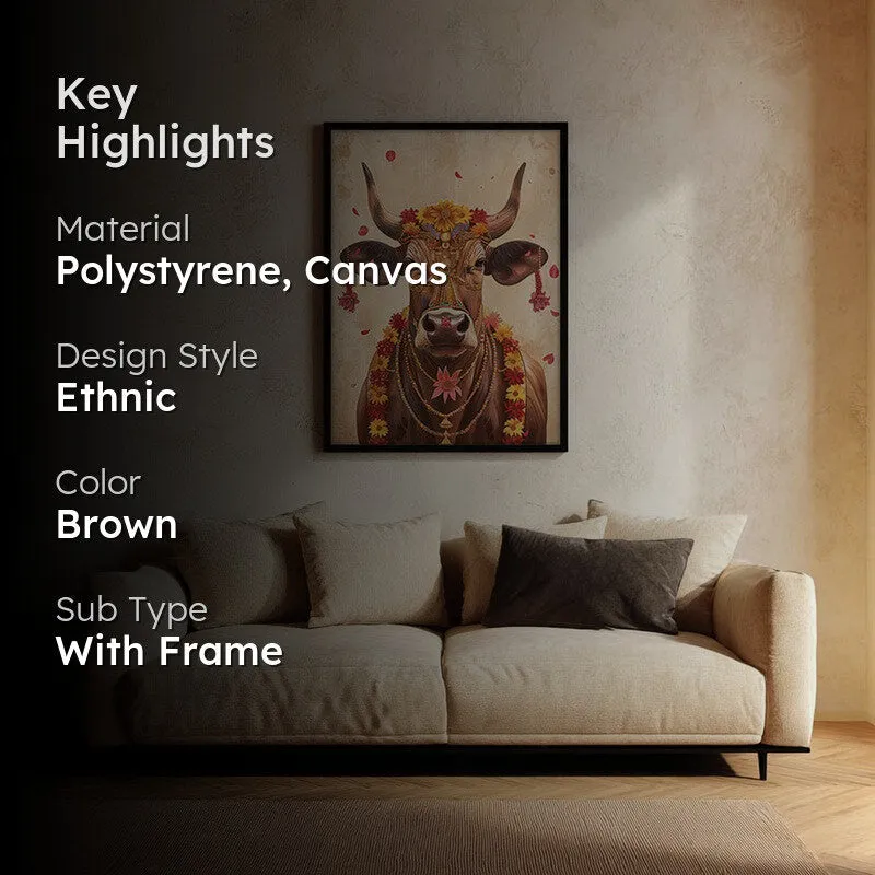 Divine Cow Traditional Canvas Wall Painting With Black Frame media 2