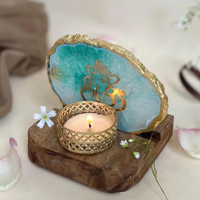 Ganesha Handcrafted Agate Religious Accent With Tealight Candle Holder - Green media 4