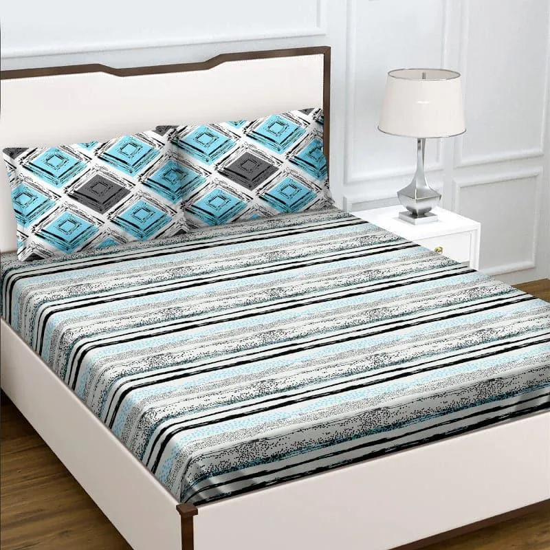 Lovina Striped Cotton Bedsheet (Blue) - 124 TC media 1