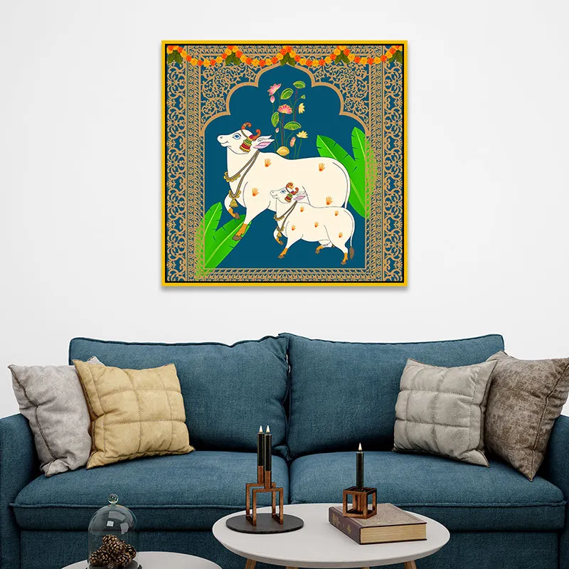 Calf's Care Canvas Wall Painting With Frame - Gold media 1