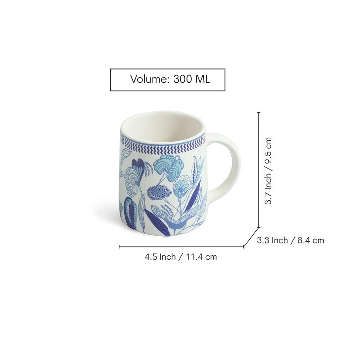 Four matching floral ceramic mugs shown together with a close-up mug view