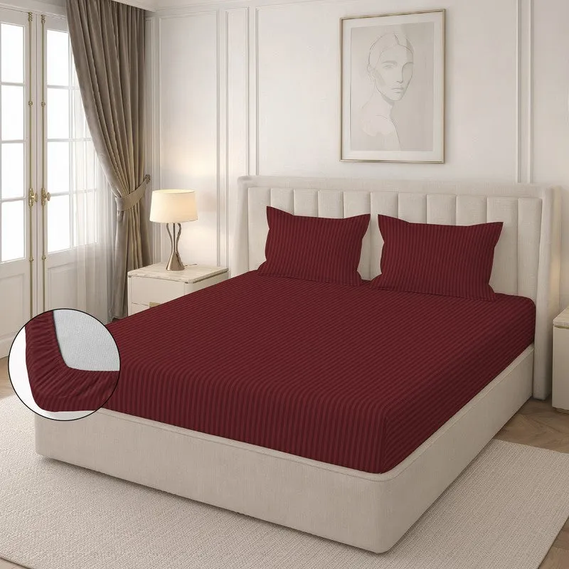 StripeScape Glace Cotton Fitted Bedsheet (Maroon) - 130 GSM - 6