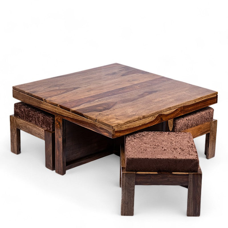 Evrino Sheesham Wooden Center Table with Stools and Cushions (Brown,Beige) - Nine Piece Set media 5