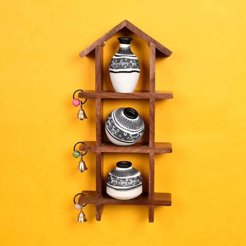 Rani Terracotta & Wood Wall Shelve With Pot - Four Piece Set media 1