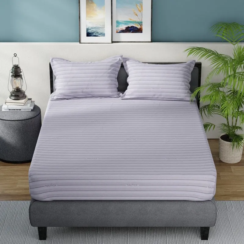 Front view of blue striped bedsheet with two matching pillow covers