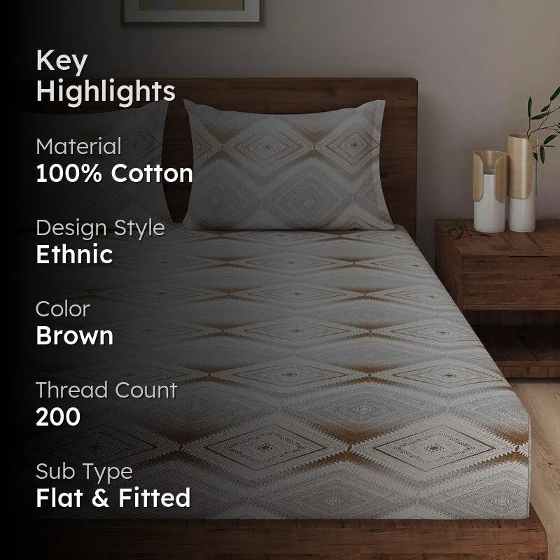Bedsheet styled on a bed with text overlay showing material, colour and thread count