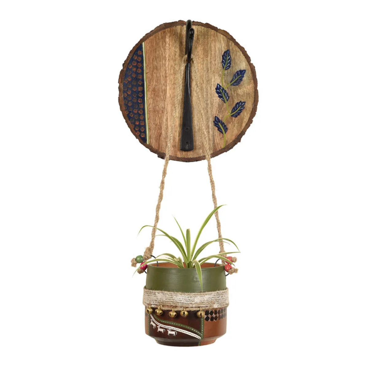 Hanging planter with round wooden wall plate, rope hanger and painted pot
