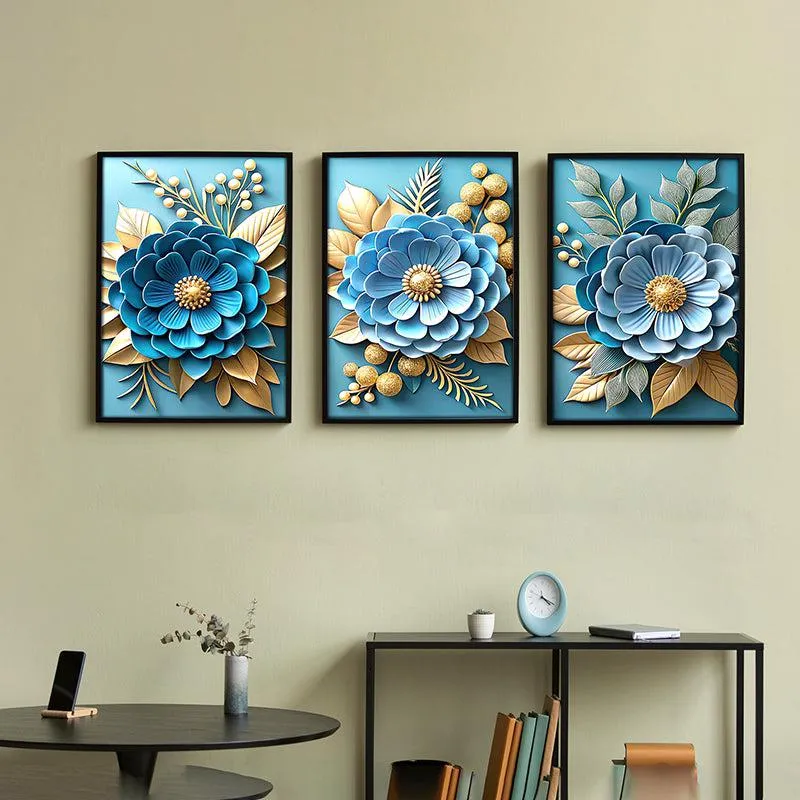 Cerulean Blooms Wall Art With Frame - Set Of Three media 4