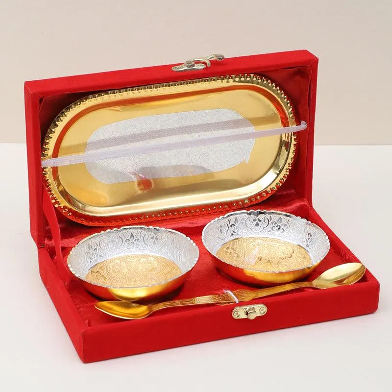 Luxurious German Silver & Gold Dessert Bowl Set with Tray and Spoons - Ethnic Design media 1