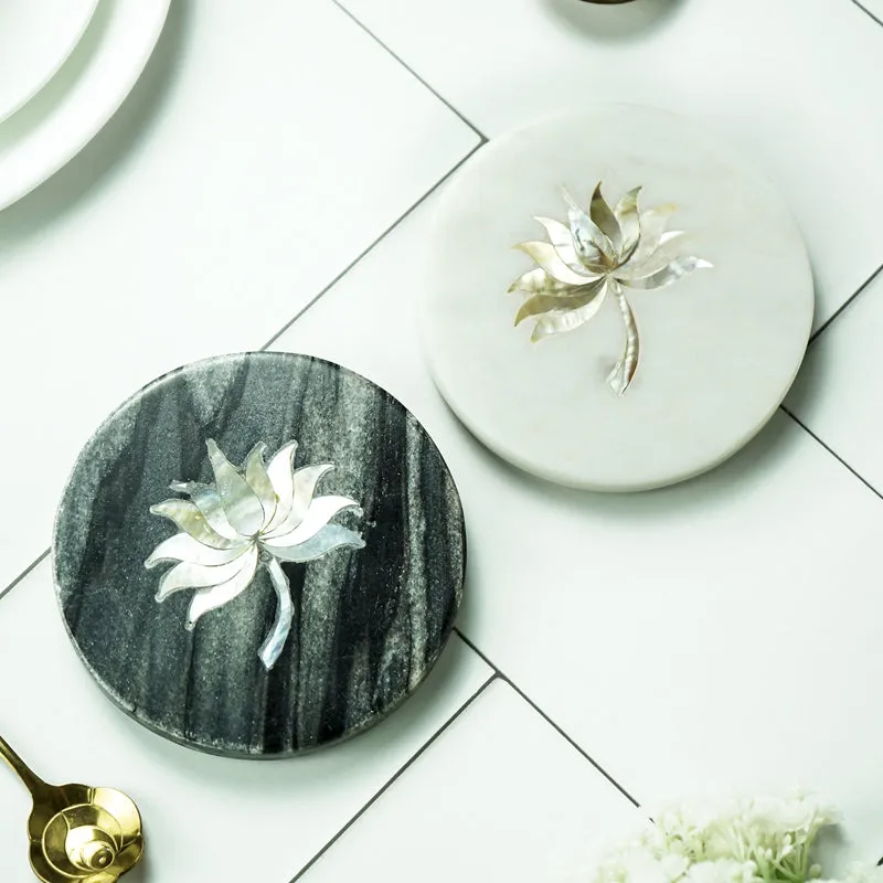 Lotus Marble Coaster With Mother Of Pearl Inlay (White, Grey) - Set Of Two media 1