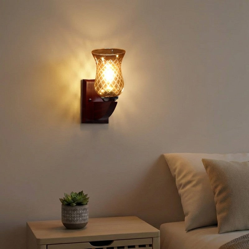 Honey Glow Decorative Walnut Base Glass Wall Lamp