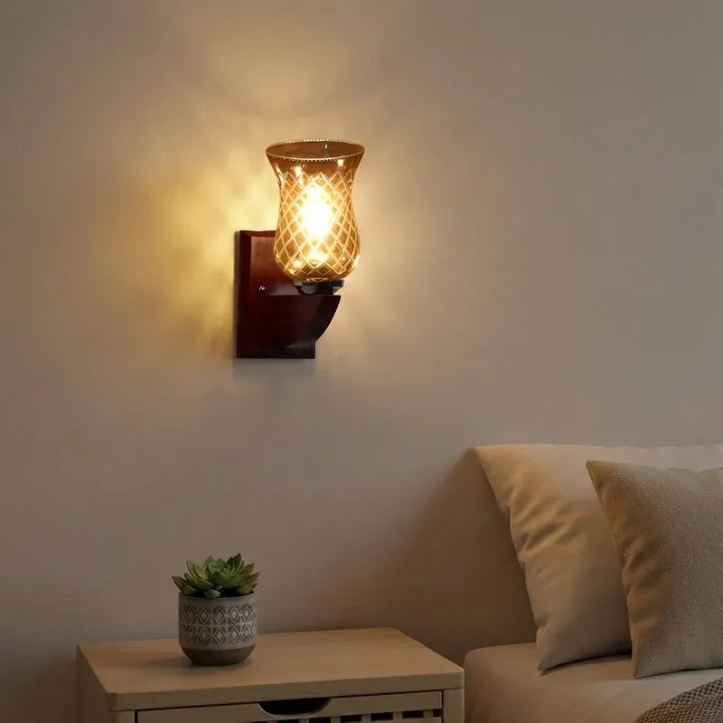 Honey Glow Decorative Walnut Base Glass Wall Lamp media 1