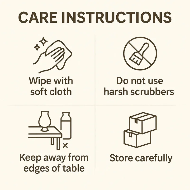 Care instruction graphic for a glass vase with cleaning and handling icons.