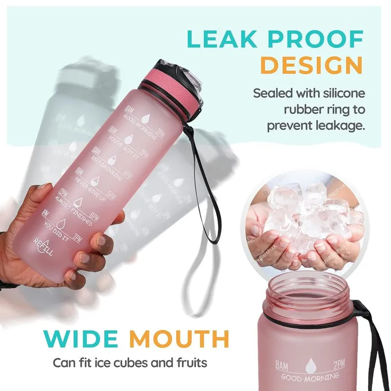 Pink water bottle showing wide mouth and leakproof lid design
