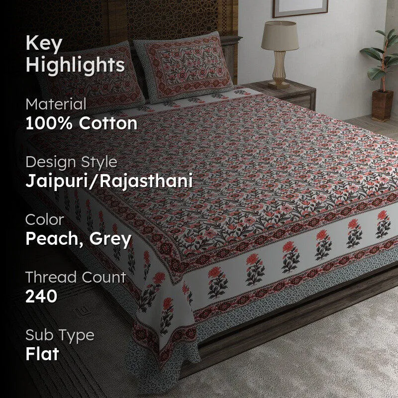 Gardenel Cotton Bedsheet (Peach,Grey) - 240 TC media 2