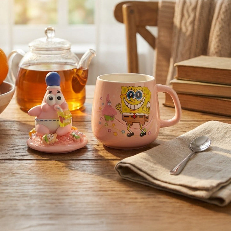 Kawaii Sponge Theme Ceramic Coffee Mug With Lid (350 mL) - 350 mL