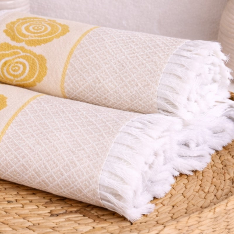 Rosette Cotton Bath Towel (Yellow & White) - Set Of Two media 9