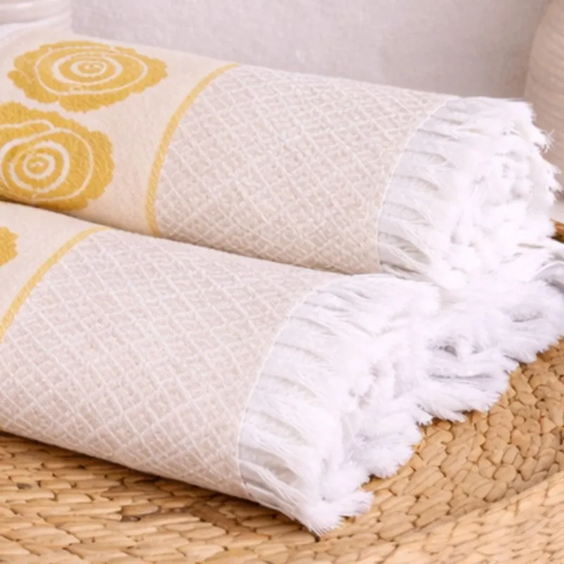 Rosette Cotton Bath Towel (Yellow & White) - Set Of Two media 9