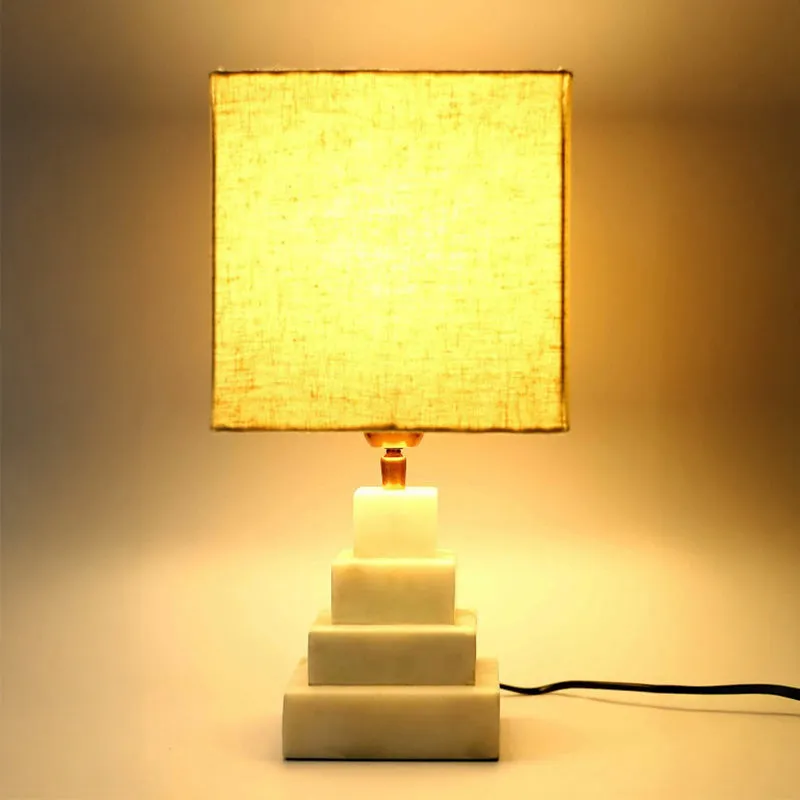 Pyramid Hand Crafted Marble Fabric Table Lamp - Beige,White media 1