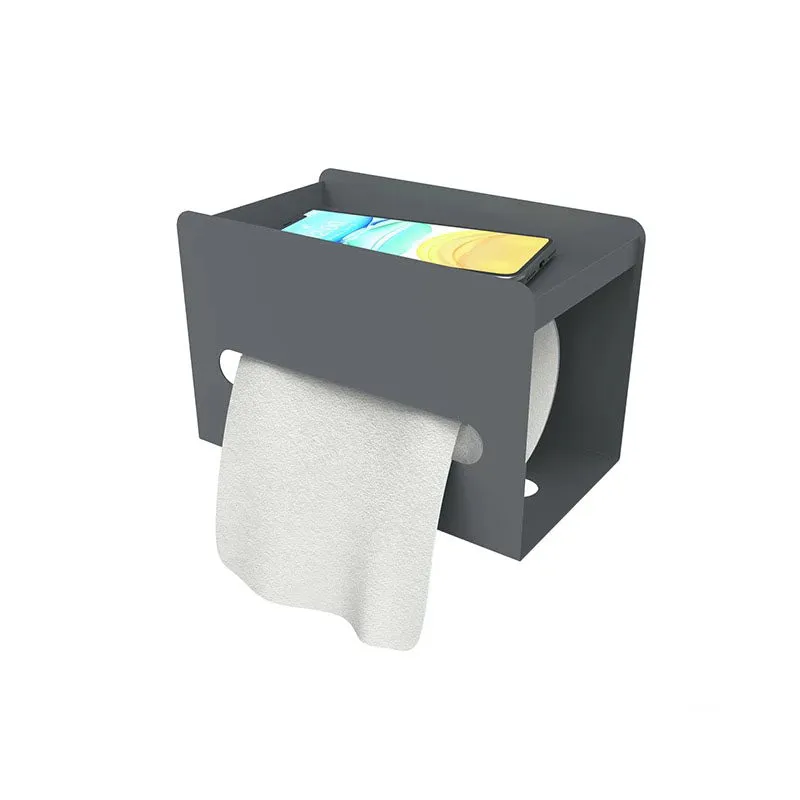 Black rectangular tissue holder with top shelf on a white background