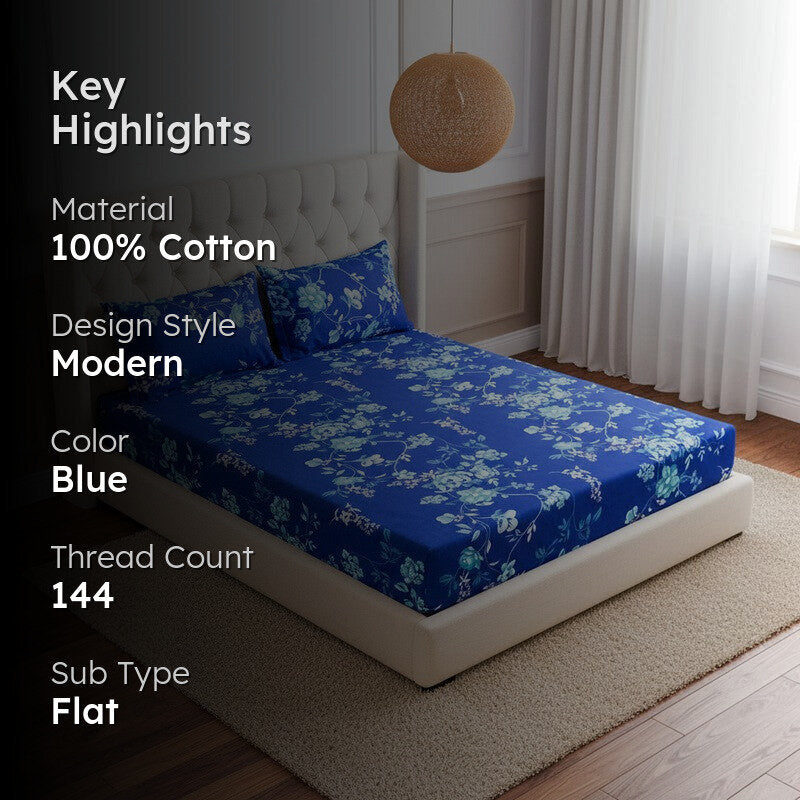 Layla Floral Neon Print Cotton Bedsheet (Blue) - 144 TC media 2