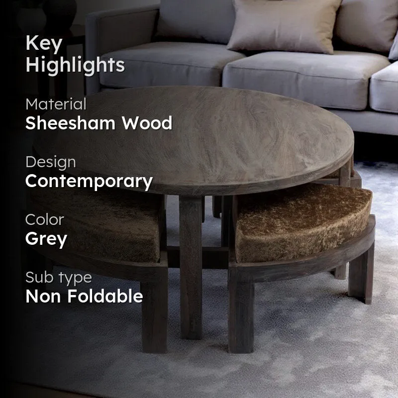 Jervon Sheesham Wooden Center Table with Stools and Cushions (Grey) - Nine Piece Set media 2