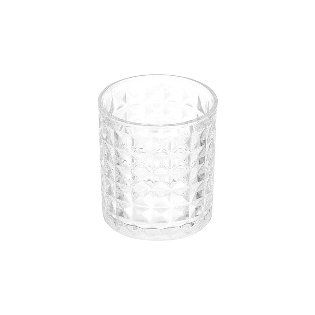 Single clear cylindrical whiskey glass with geometric textured surface on white background