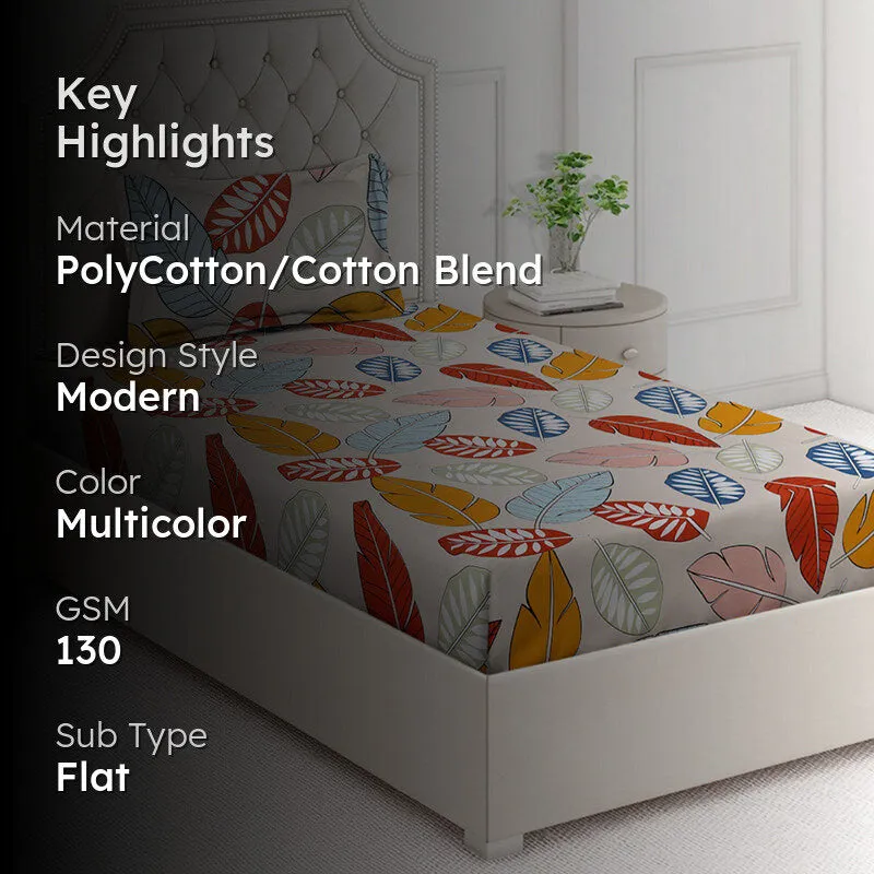 Tropical leaf bedsheet displayed on a bed with text overlay