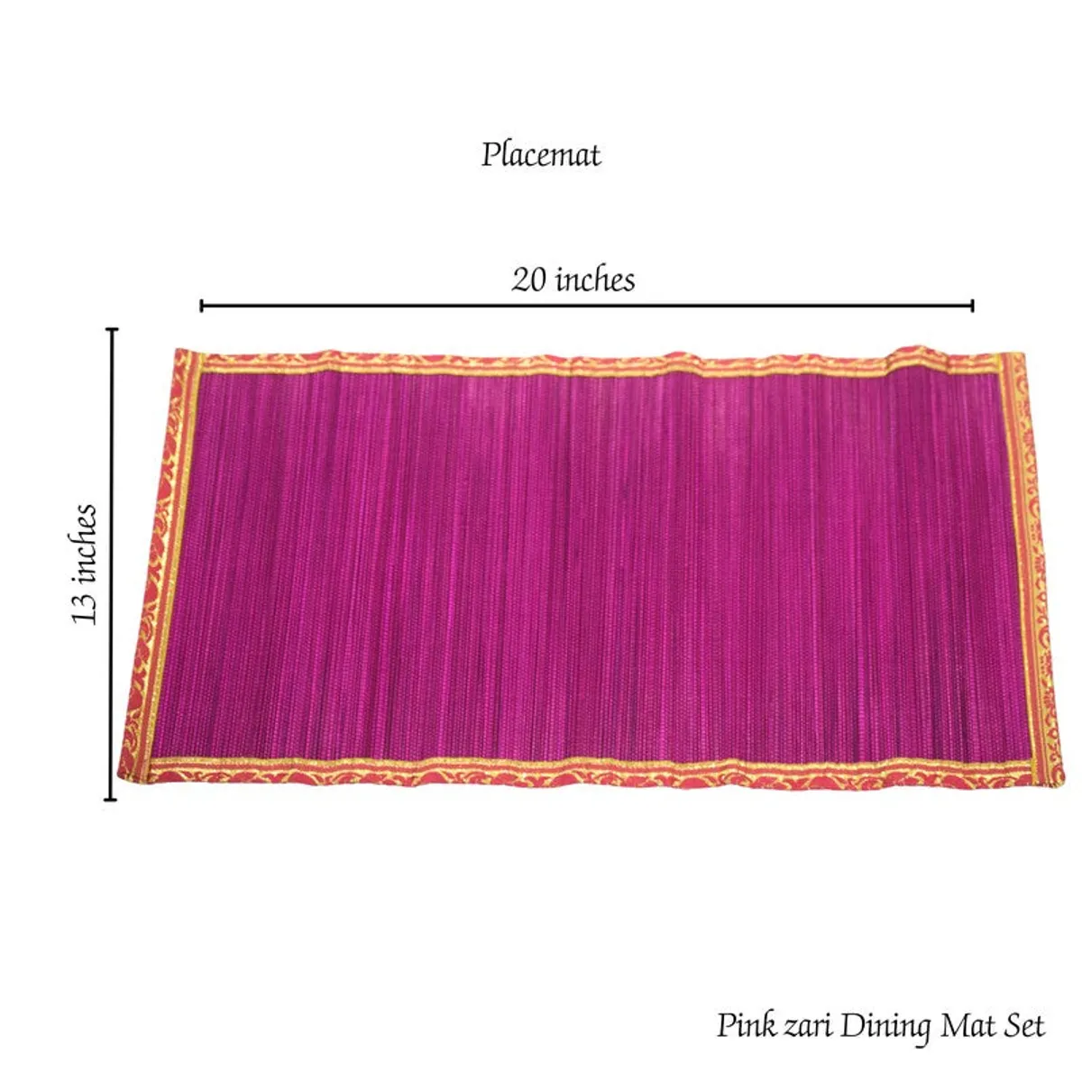 Corner view of a pink table mat with decorative trim on all edges