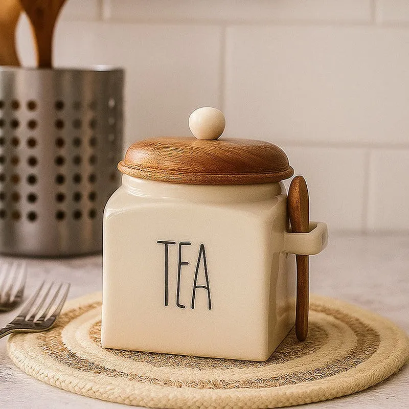 Ivory Ceramic Kitchen Storage Jar with Mango Wood Lid (1000 mL Each) - Set Of Three media 6