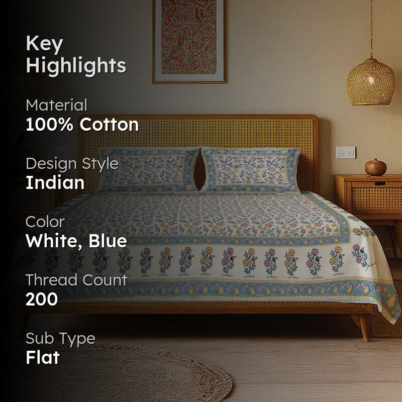 Urban Space Neerja Ethnic Cotton Bedsheet (Blue) - 200 TC media 2