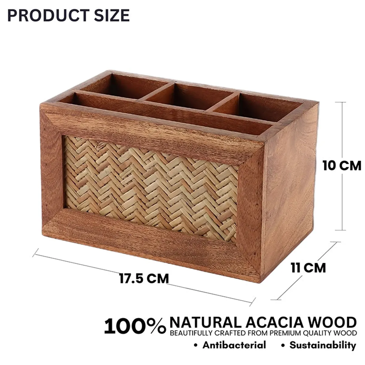 Product size view of the rectangular brown wooden cutlery holder