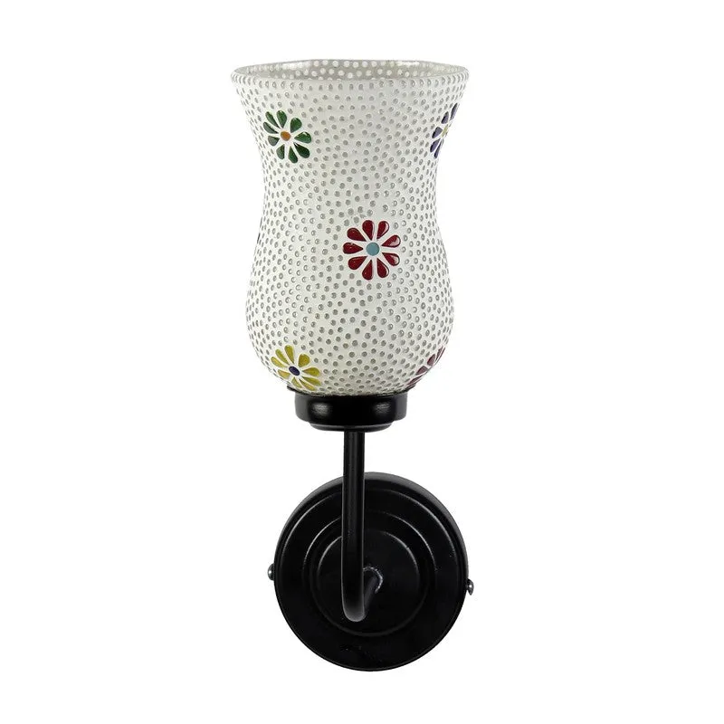 Front view of white mosaic arc glass wall lamp with black iron wall plate