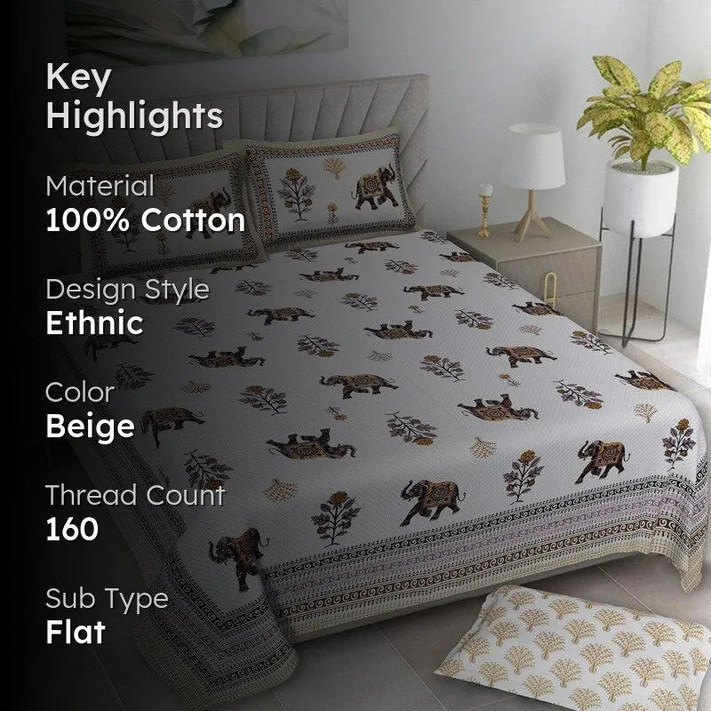 Gajesara Ethnic Cotton Bedsheet (Beige) - 160 TC media 2